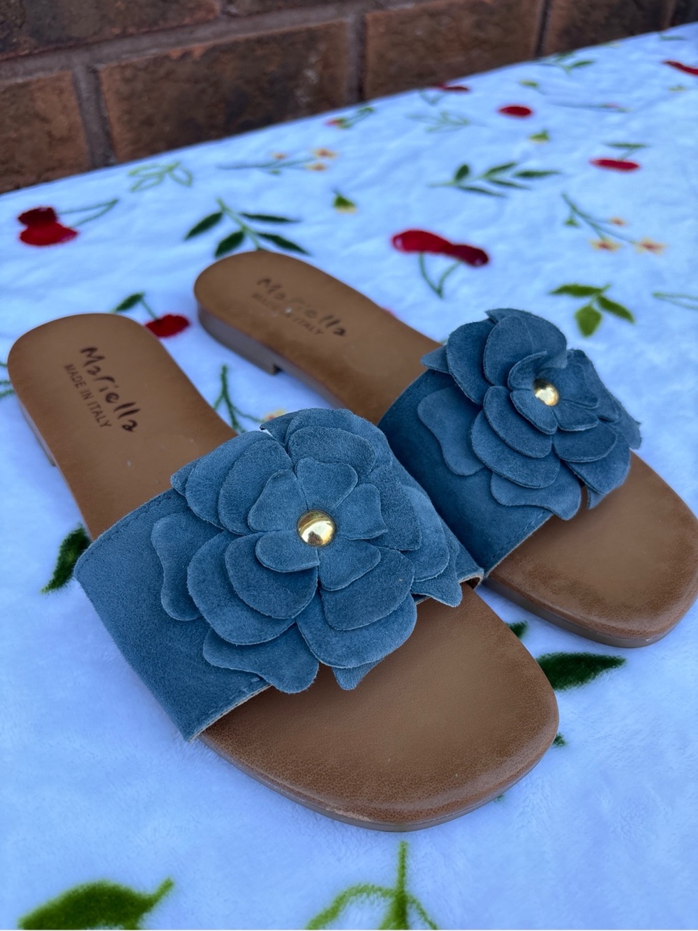 Mariella Blue Suede Flower Sandals Size 8 - Picture 2 of 6